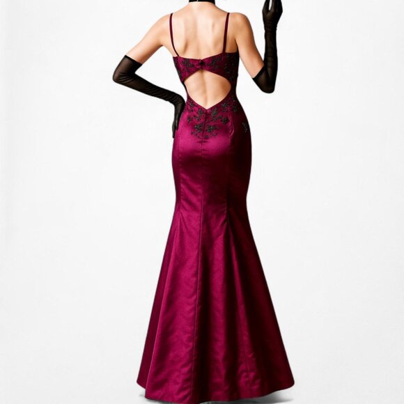 Vintage Burgundy Red Satin Beaded Fit Flared Maxi Prom Dress Size S - Picture 3 of 8
